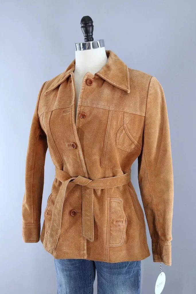 Vintage Caramel Tan Suede Belted Jacket