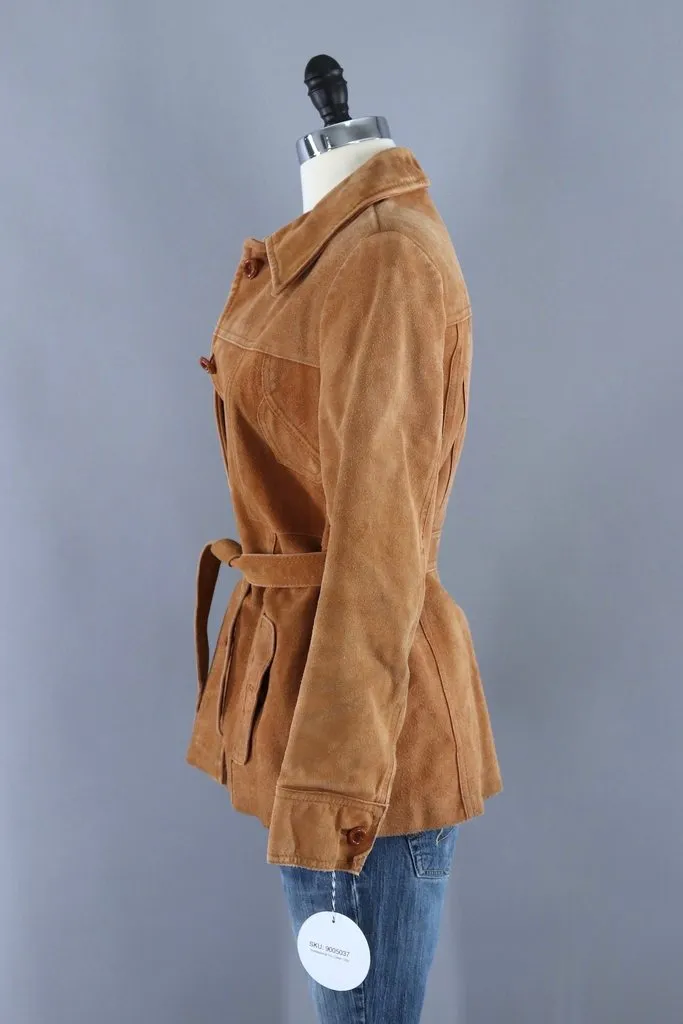 Vintage Caramel Tan Suede Belted Jacket