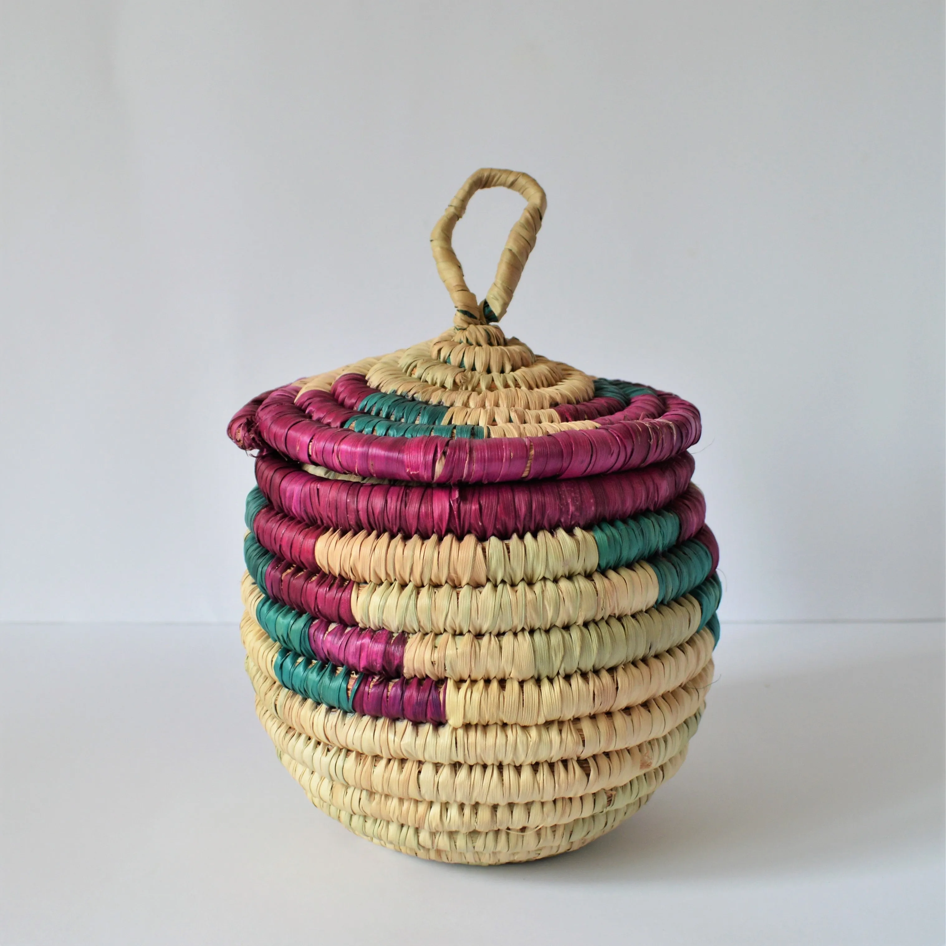 Vintage coiled basket with lid, Rustic, Bohemian