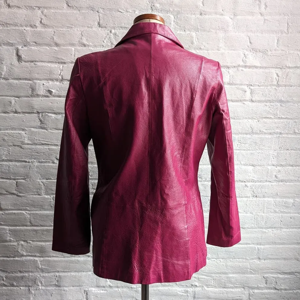 Vintage Hot Pink Genuine Leather Blazer Chic Barbie Boss Coat Minimalist Jacket