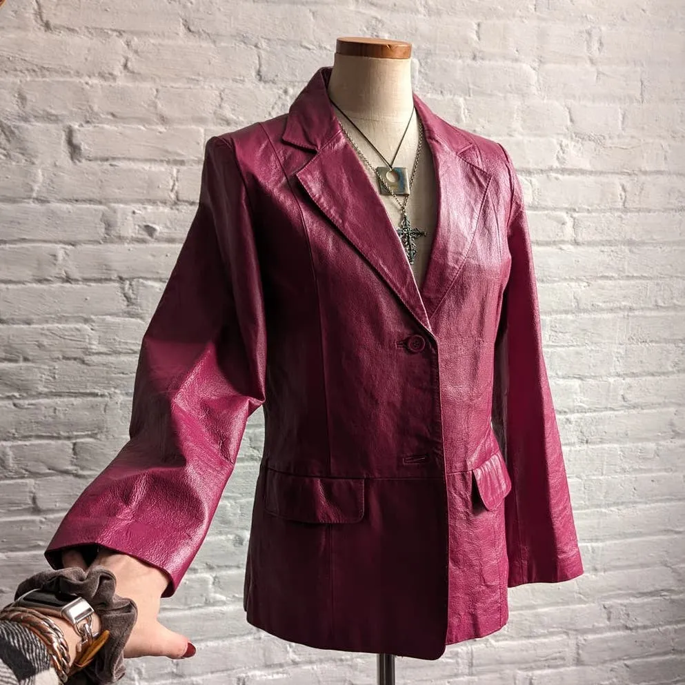 Vintage Hot Pink Genuine Leather Blazer Chic Barbie Boss Coat Minimalist Jacket