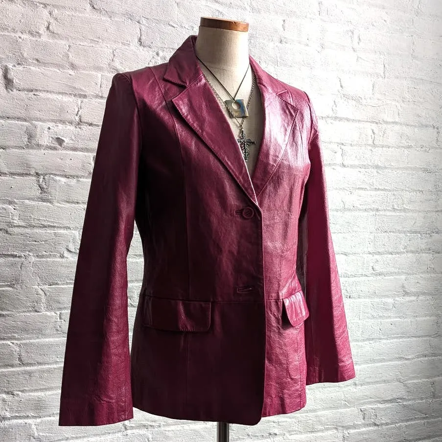 Vintage Hot Pink Genuine Leather Blazer Chic Barbie Boss Coat Minimalist Jacket