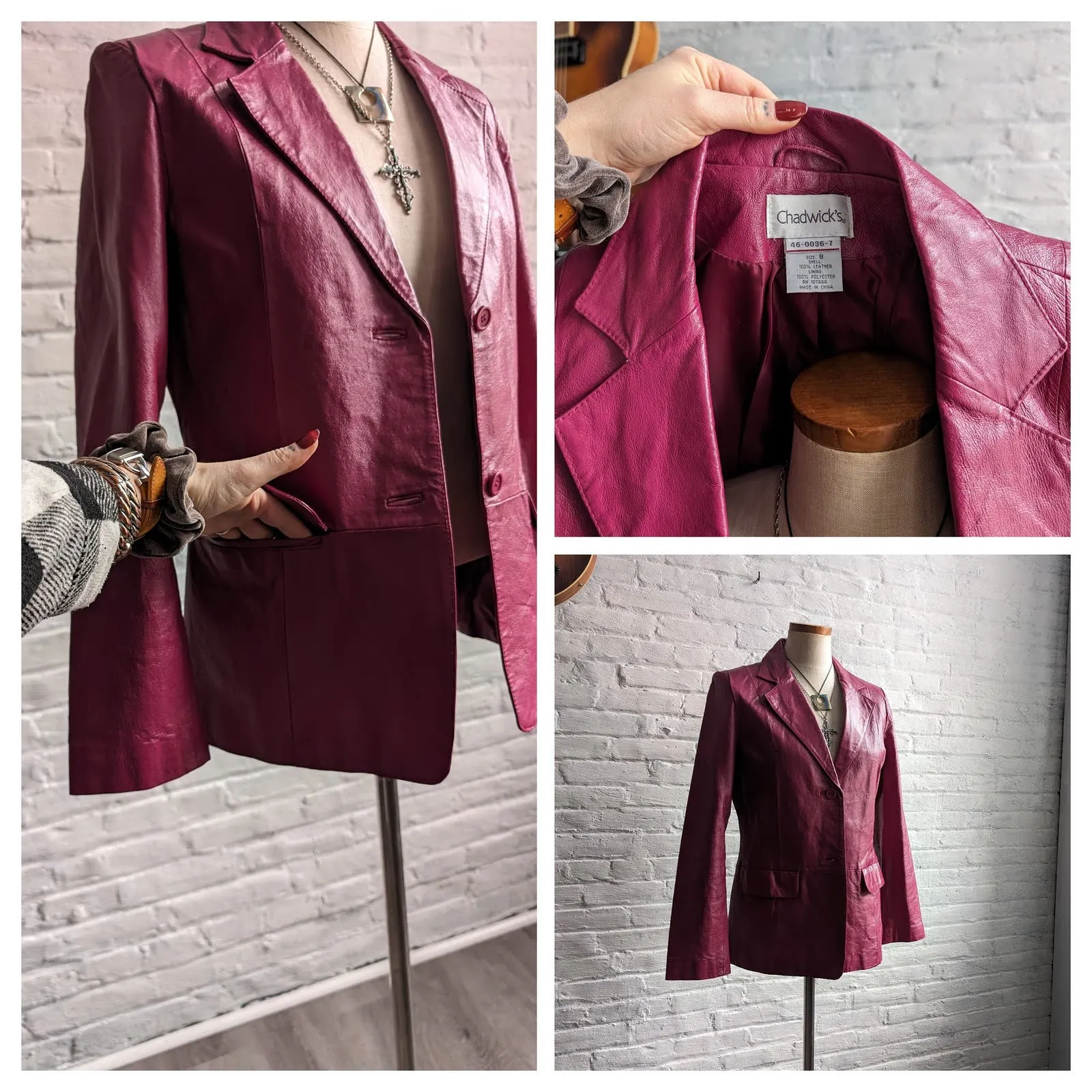 Vintage Hot Pink Genuine Leather Blazer Chic Barbie Boss Coat Minimalist Jacket