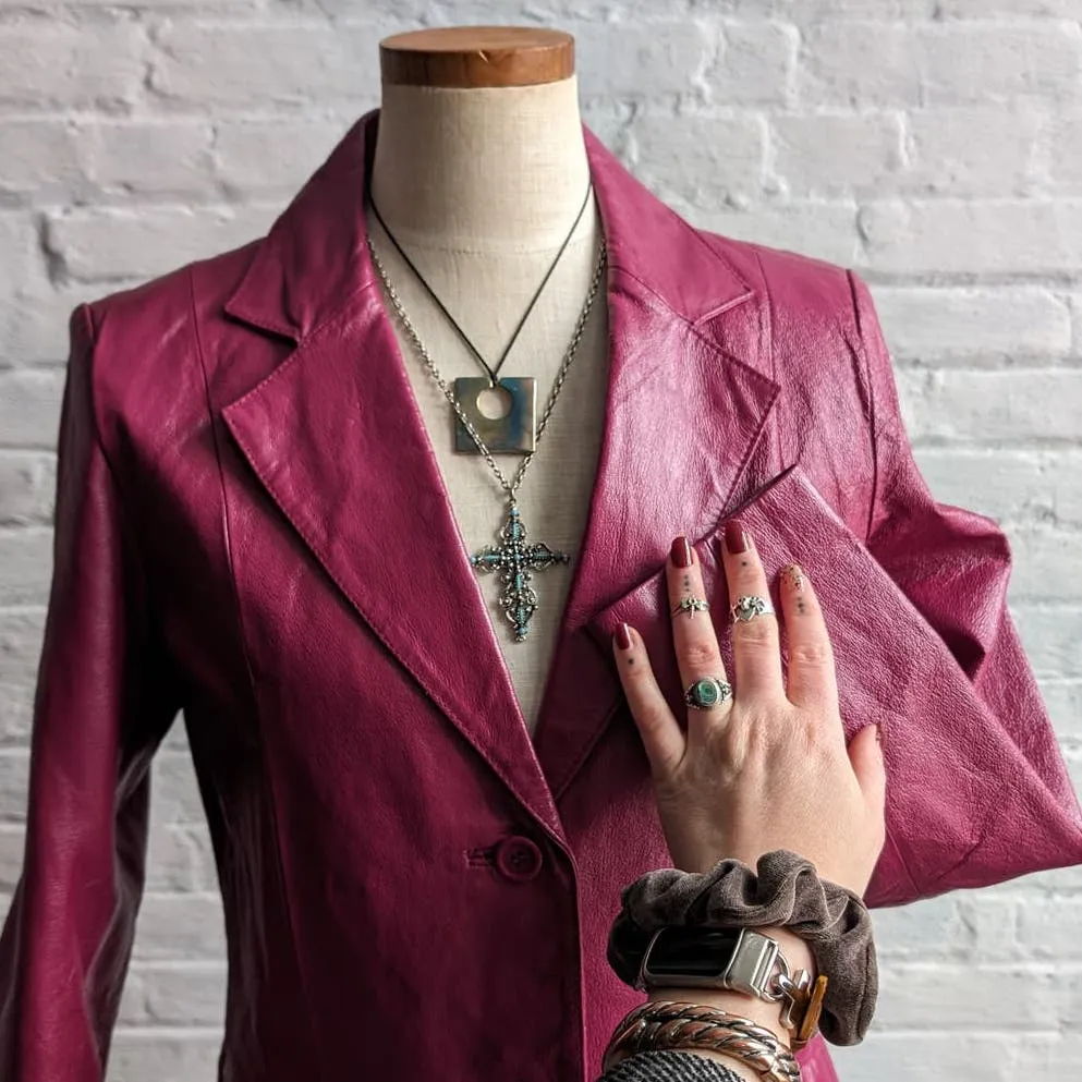 Vintage Hot Pink Genuine Leather Blazer Chic Barbie Boss Coat Minimalist Jacket