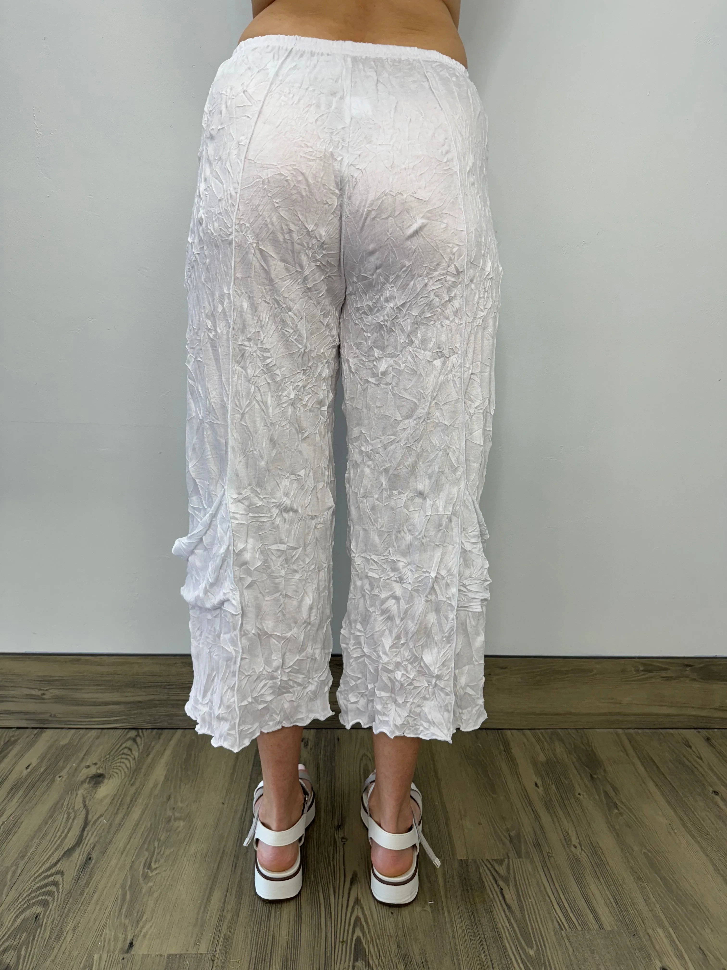 White Crinkle Crop Pant with Pockets