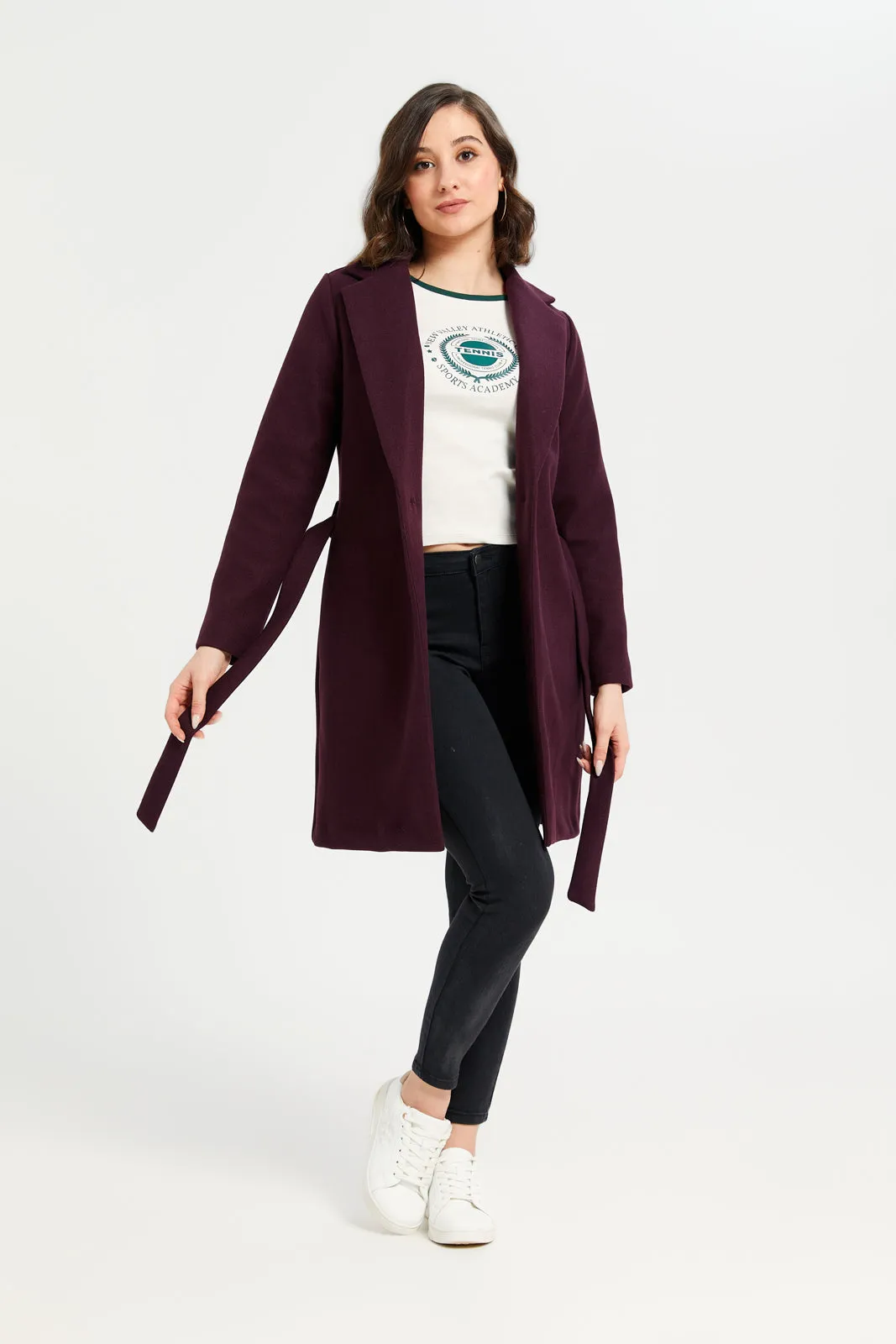 Women Burgundy Long Length Belted Coat