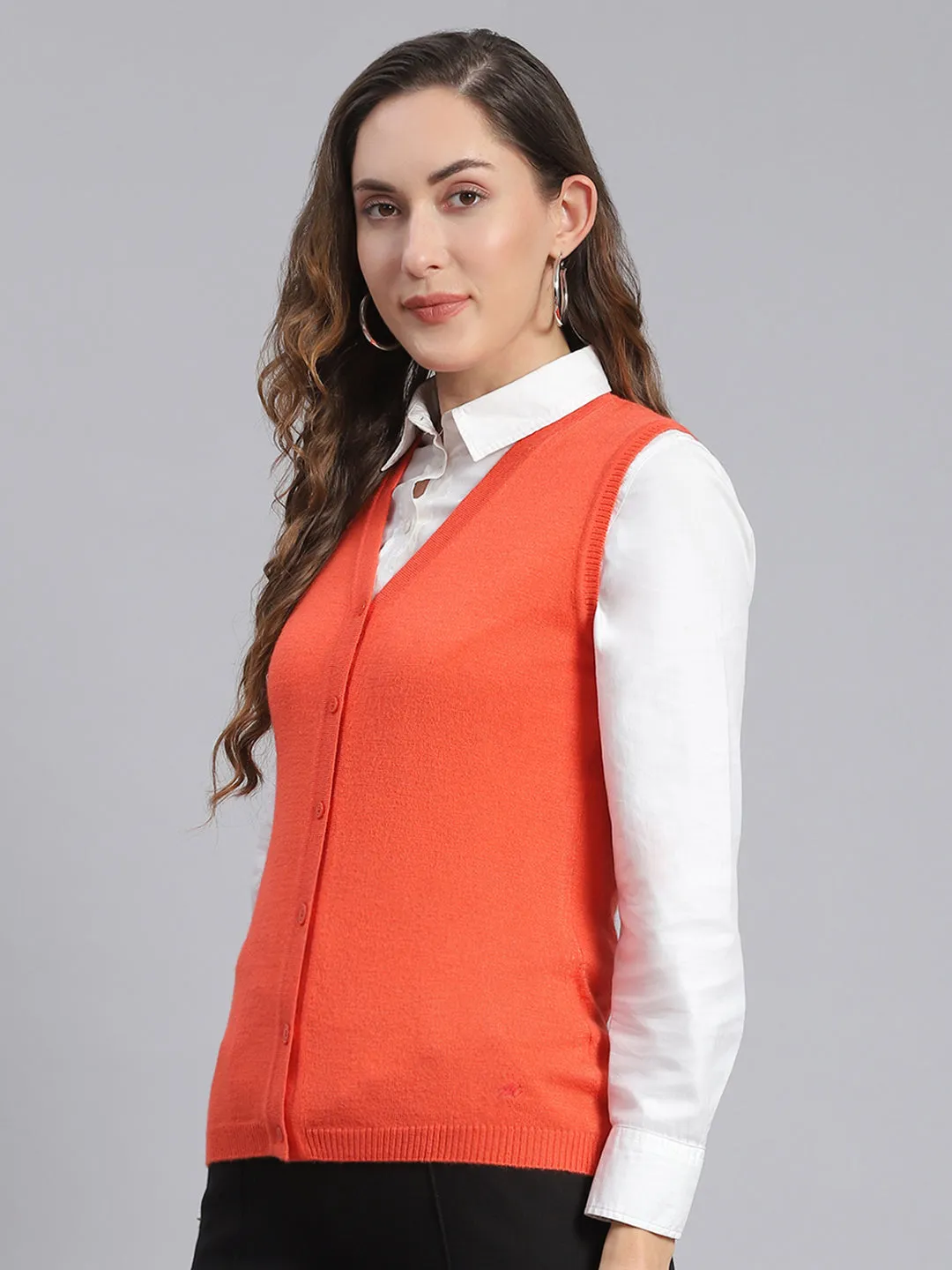 Women Orange Solid V Neck Sleeveless Cardigans