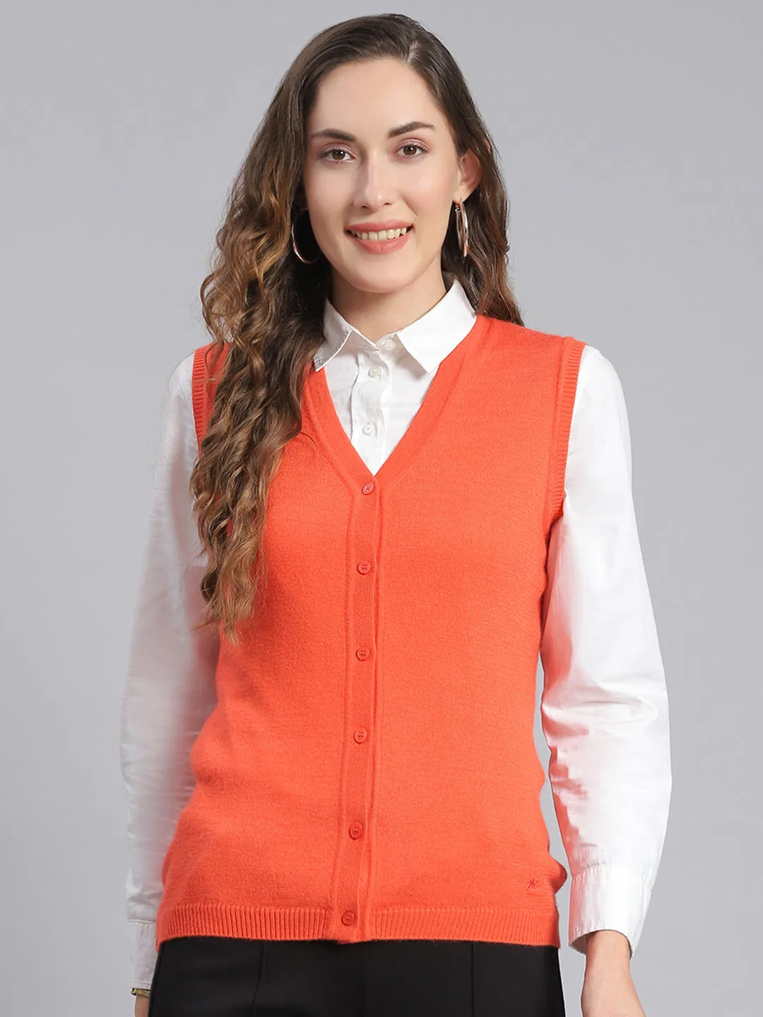 Women Orange Solid V Neck Sleeveless Cardigans