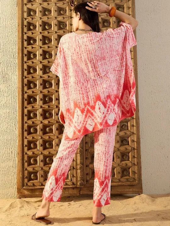 Women Pink and White Tie & Dyed V-Neck Kaftan Top & Trouser Co-ord Sets