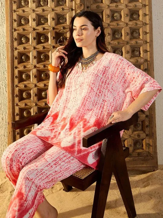 Women Pink and White Tie & Dyed V-Neck Kaftan Top & Trouser Co-ord Sets