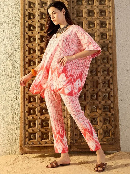 Women Pink and White Tie & Dyed V-Neck Kaftan Top & Trouser Co-ord Sets