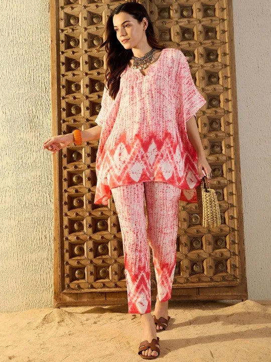 Women Pink and White Tie & Dyed V-Neck Kaftan Top & Trouser Co-ord Sets