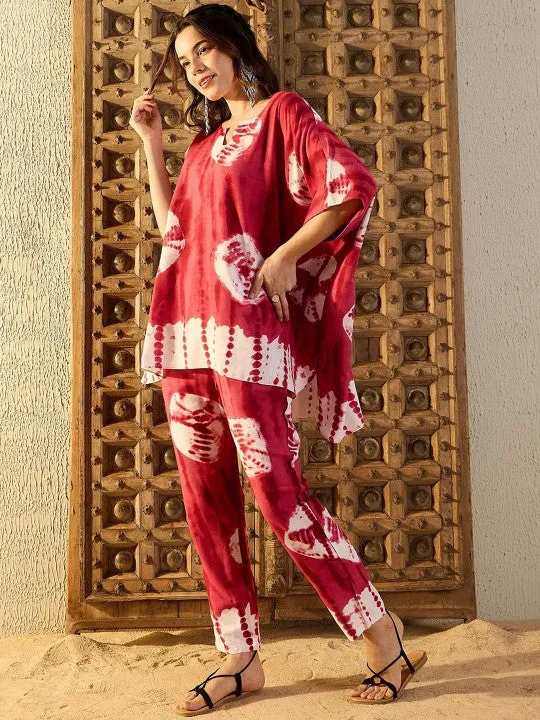 Women Red Tie & Dyed V-Neck Kaftan Top & Trouser Co-ord Sets