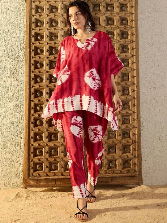 Women Red Tie & Dyed V-Neck Kaftan Top & Trouser Co-ord Sets