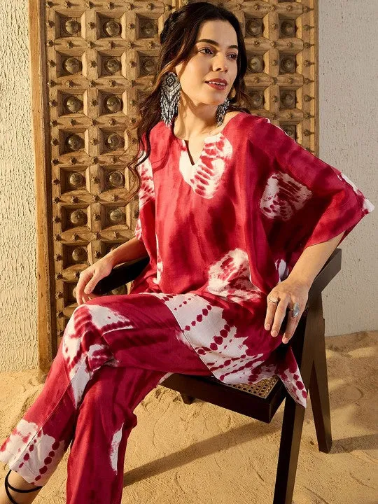 Women Red Tie & Dyed V-Neck Kaftan Top & Trouser Co-ord Sets