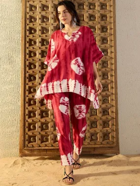 Women Red Tie & Dyed V-Neck Kaftan Top & Trouser Co-ord Sets