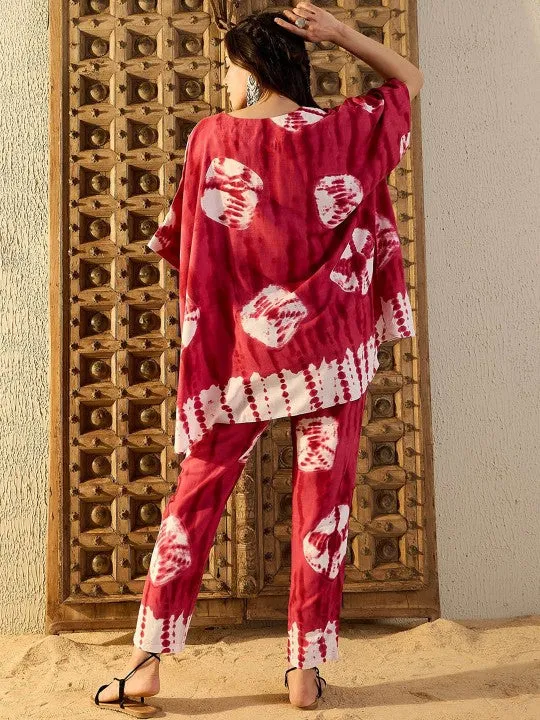 Women Red Tie & Dyed V-Neck Kaftan Top & Trouser Co-ord Sets