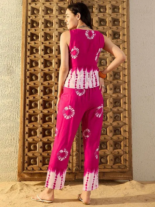 Women Waist Coat and Pants Set in Pink Tie & Dye Co-ord Sets