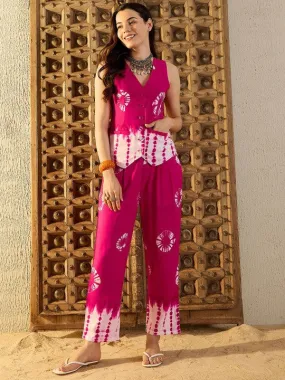 Women Waist Coat and Pants Set in Pink Tie & Dye Co-ord Sets