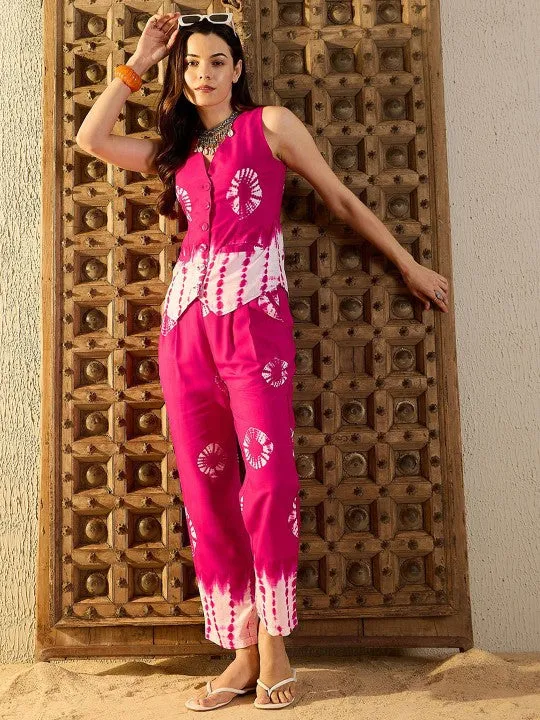 Women Waist Coat and Pants Set in Pink Tie & Dye Co-ord Sets