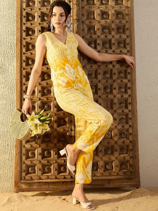 Women Waist Coat and Pants Set in Yellow Tie & Dye Co-ord Sets