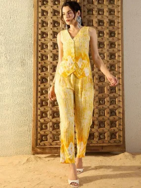 Women Waist Coat and Pants Set in Yellow Tie & Dye Co-ord Sets