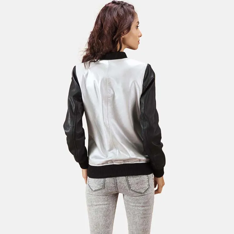 Women’s Black & White Leather Bomber Jacket