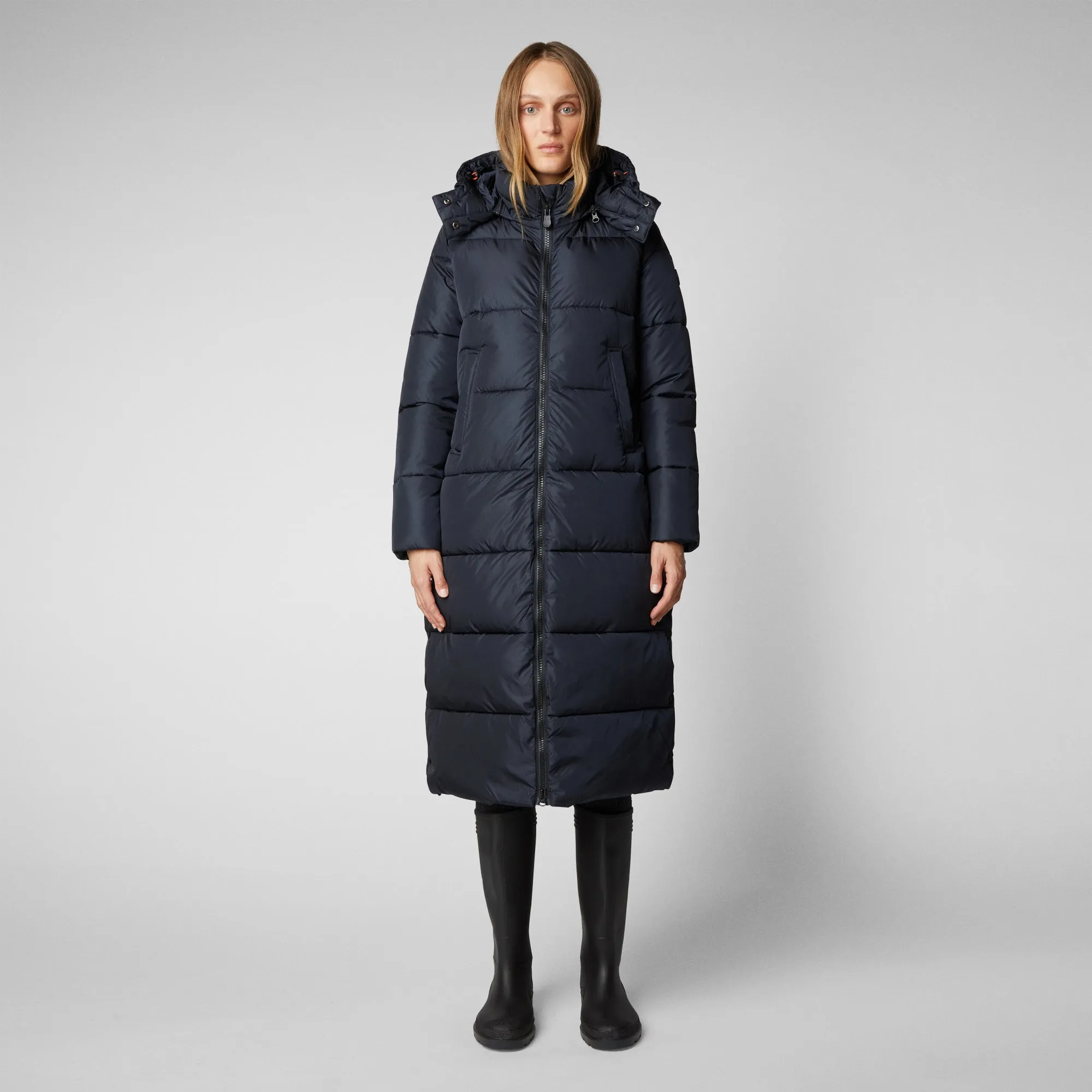 Women's Colette Long Puffer Coat with Detachable Hood in Blue Black