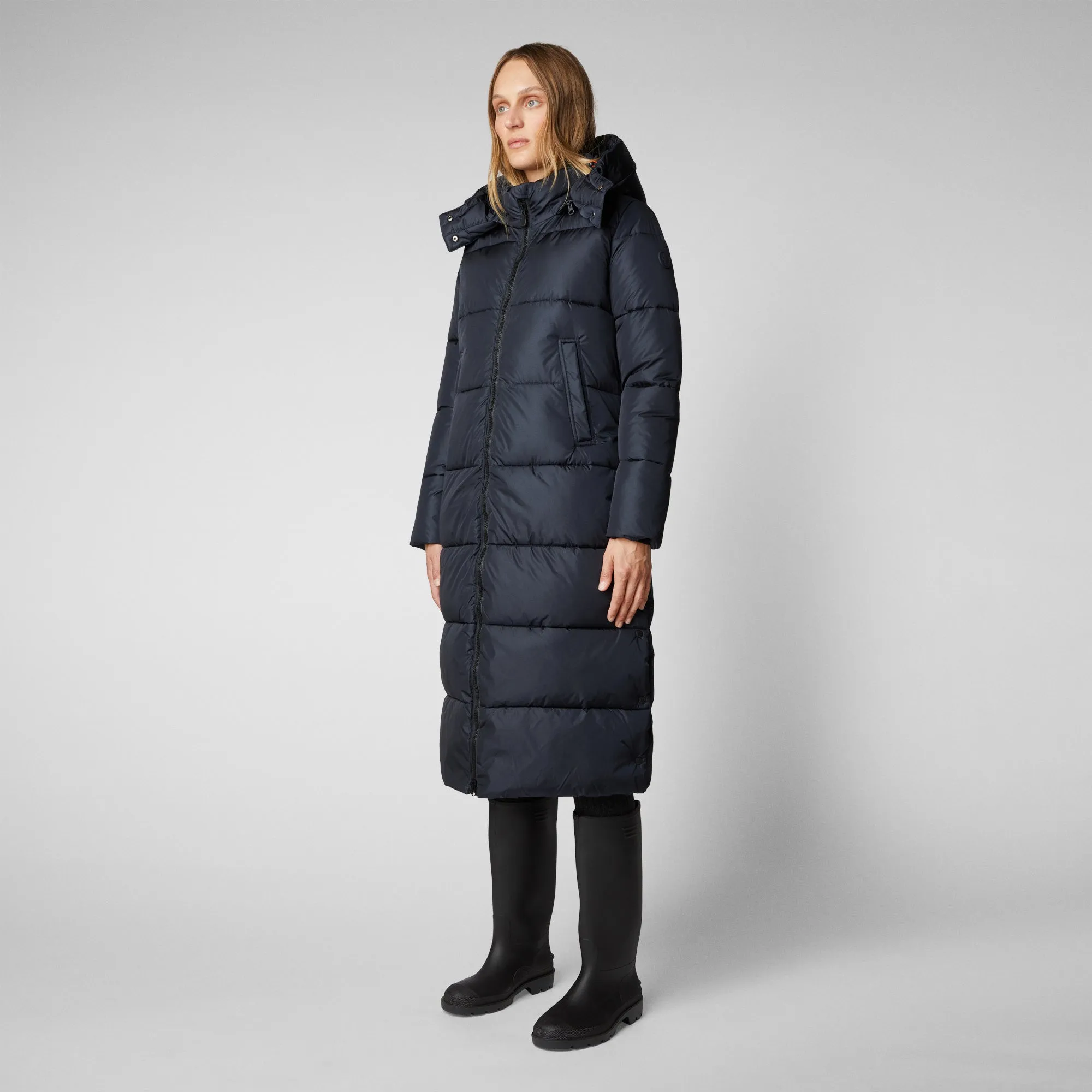 Women's Colette Long Puffer Coat with Detachable Hood in Blue Black