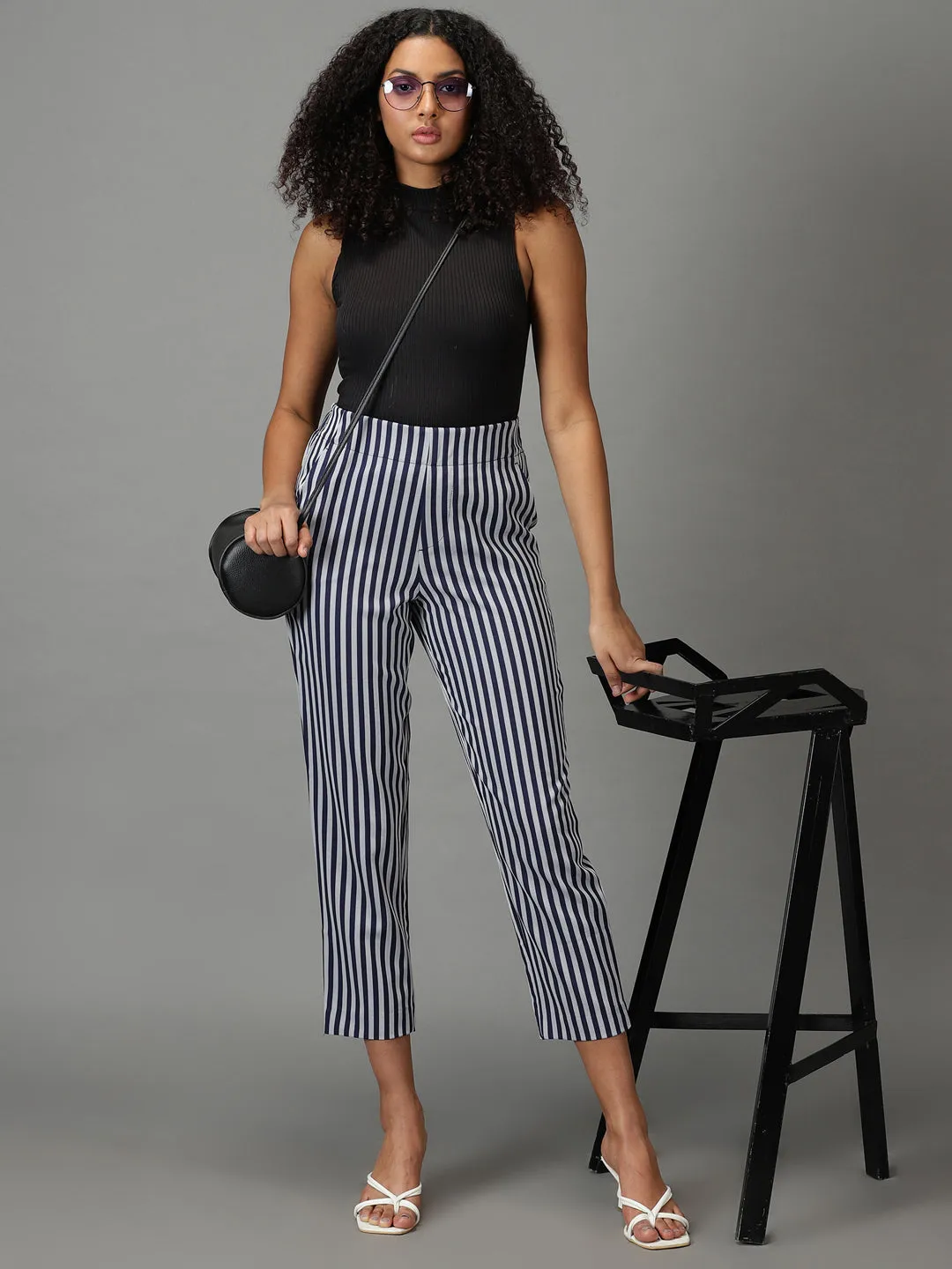 Women's Navy Blue Striped Formal Trouser