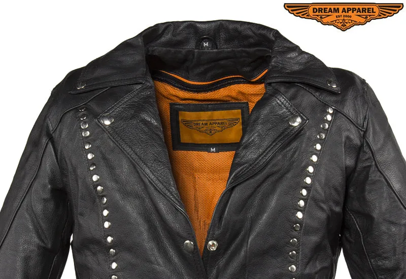 Womens Studded Leather Motorcycle Jacket With Concealed Carry Pockets