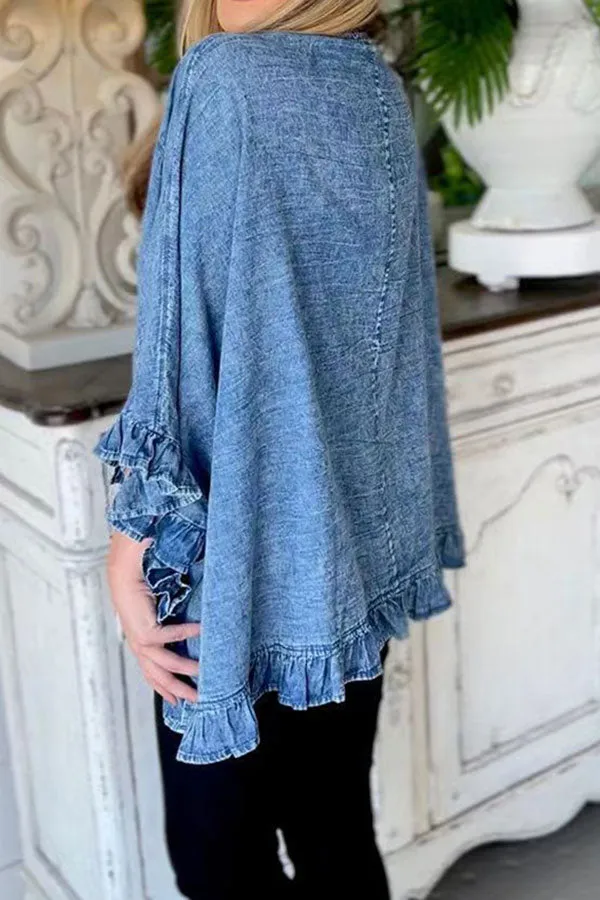 xiangtuibao Solid Color Elegant Ruffle Denim Coat