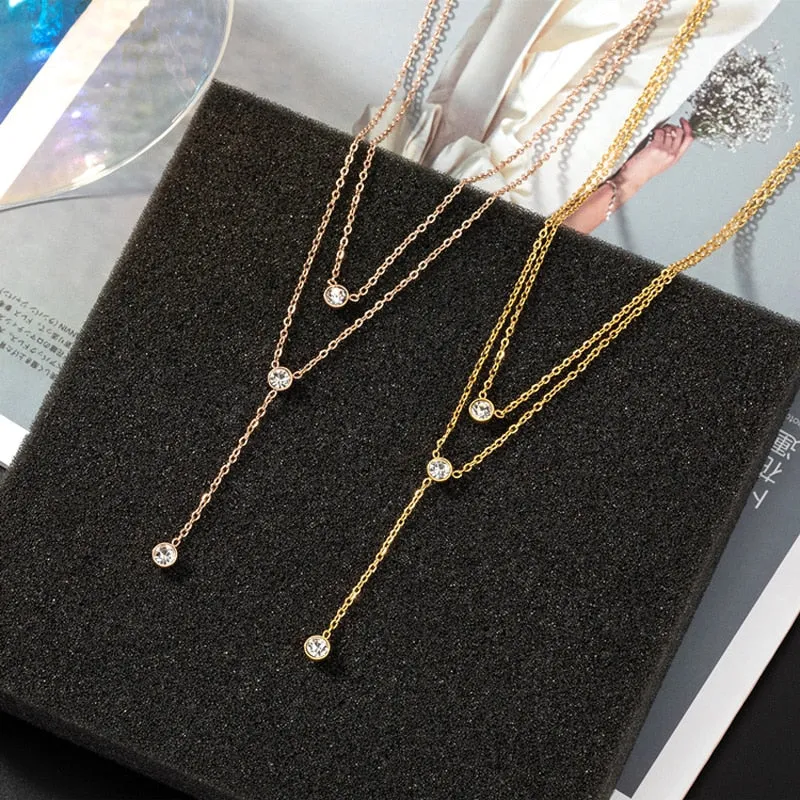 Zircon Double Layer Long Necklace